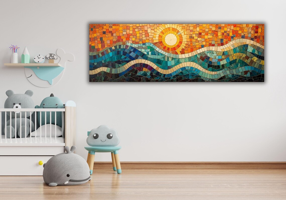 Mosaic Sunset Over Ocean Waves Panoramic Teal Orange Tile Art Style Poster - Image 2