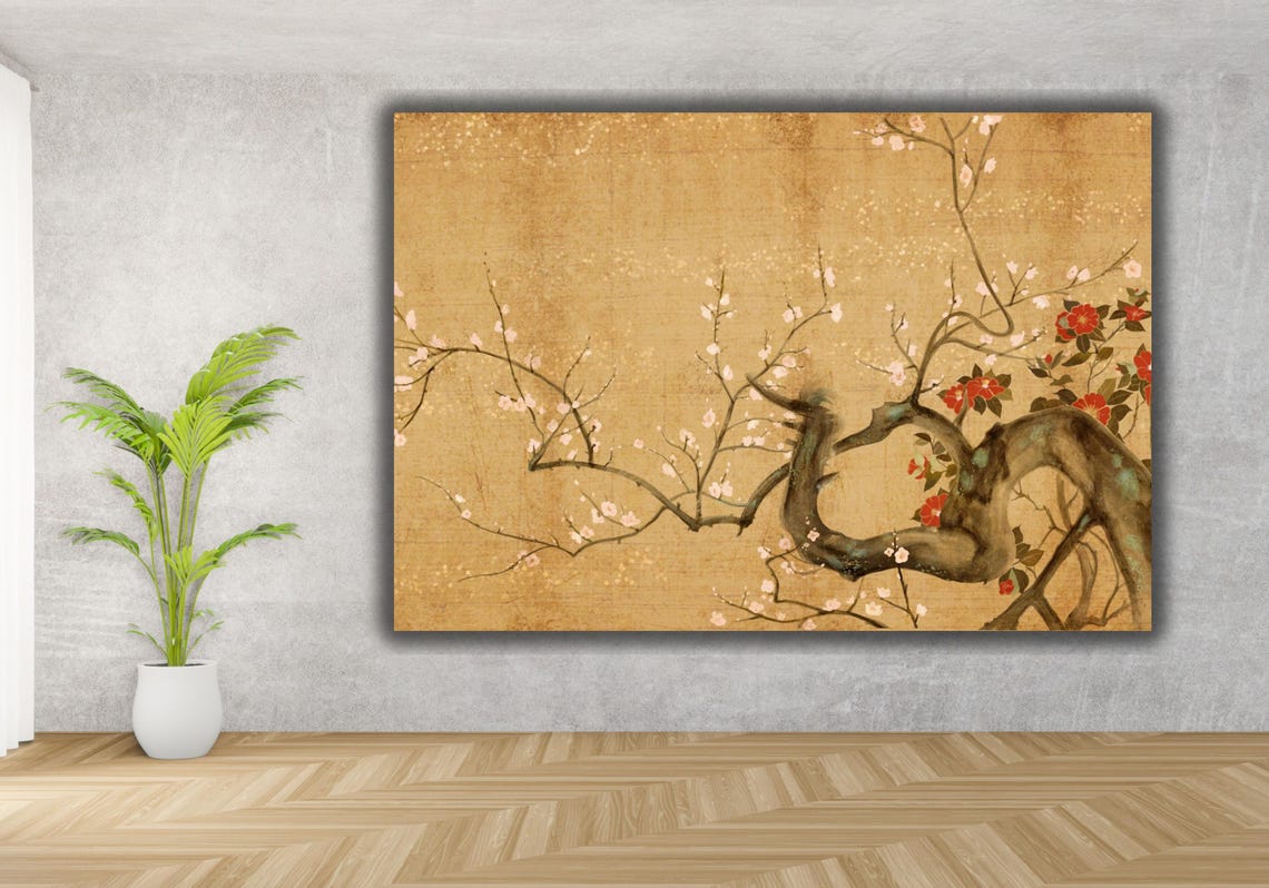 Elegant Antique Japanese Cherry Blossom Gold Leaf Branch Poster - Image 3