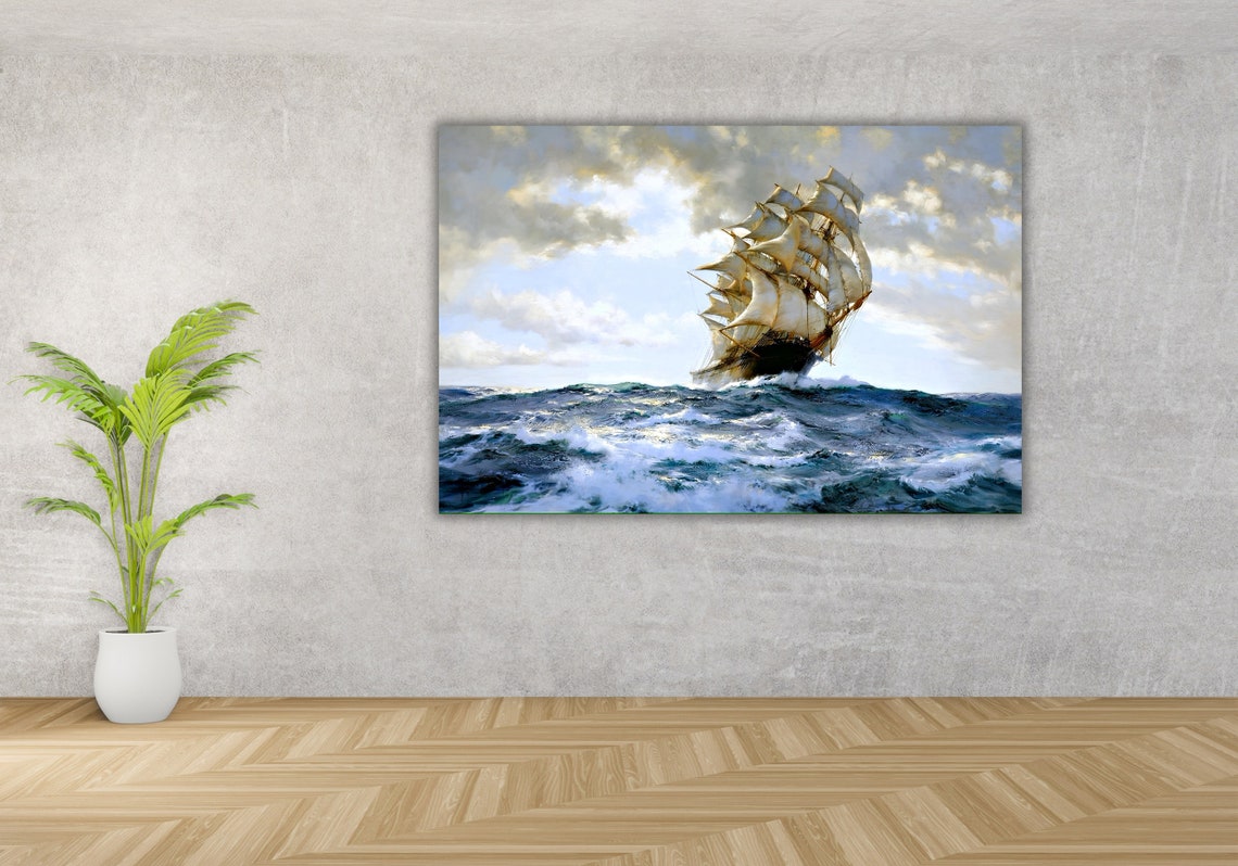 Tall Ship Clipper Full Sails Rough Sea Classic Marine Painting Poster - Image 2