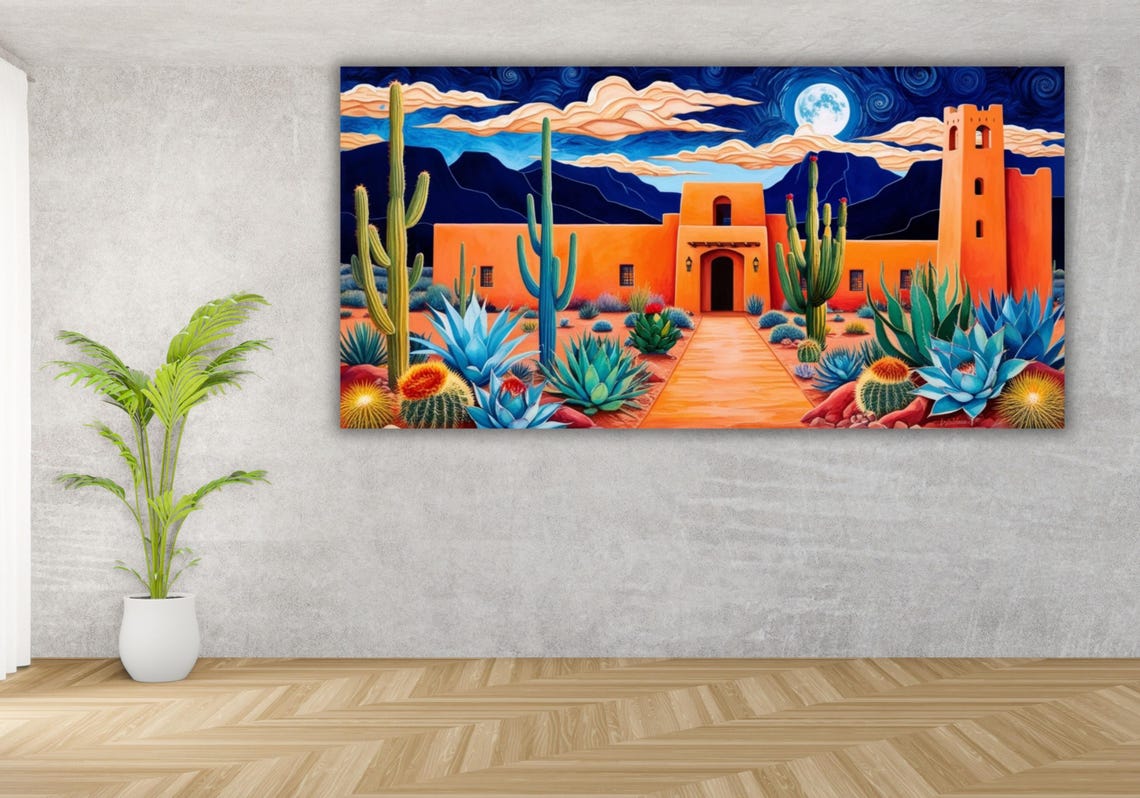 Southwest Desert Night Adobe Mission Saguaro Cactus Moonlight Poster - Image 3