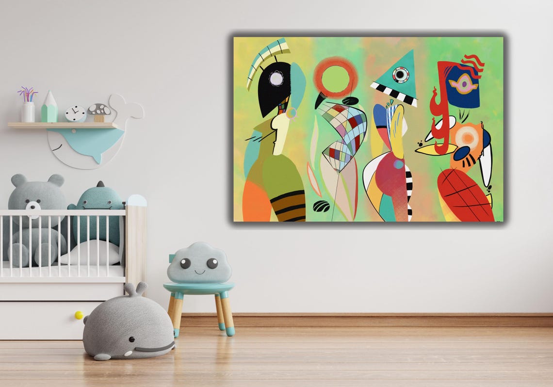 Playful Geometric Abstract Faces Eyes and Shapes Painting Poster - Image 2