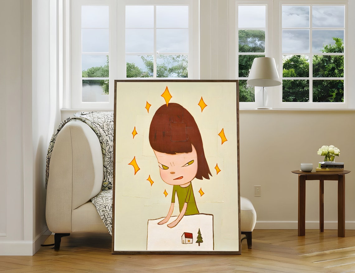 Yoshitomo Nara Angry Girl Ten Stars Sparkles Green Dress Wall Art - Image 3