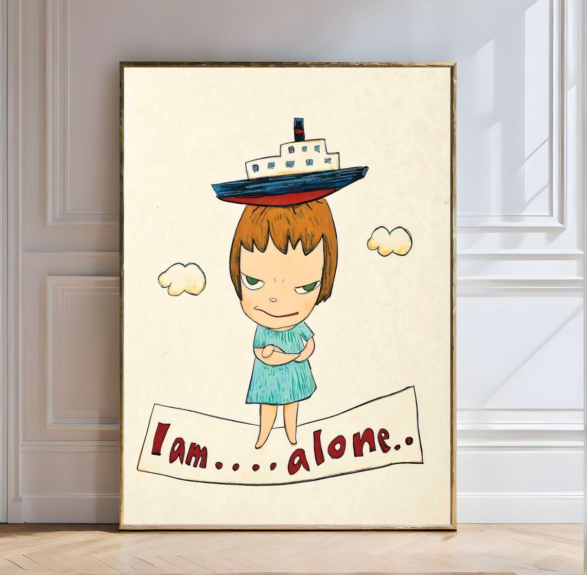 Yoshitomo Nara I Am Alone Girl with Boat on Head Cartoon Wall Art