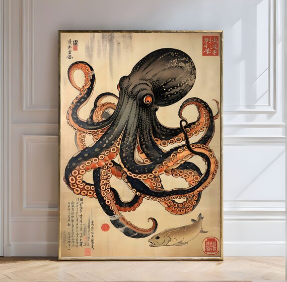 Octopus Eyeing Its Prey Wall Art Home Decor Ukiyo E Art Print Living Room Prints Japanese Sea Life Poster Fine Art Instant