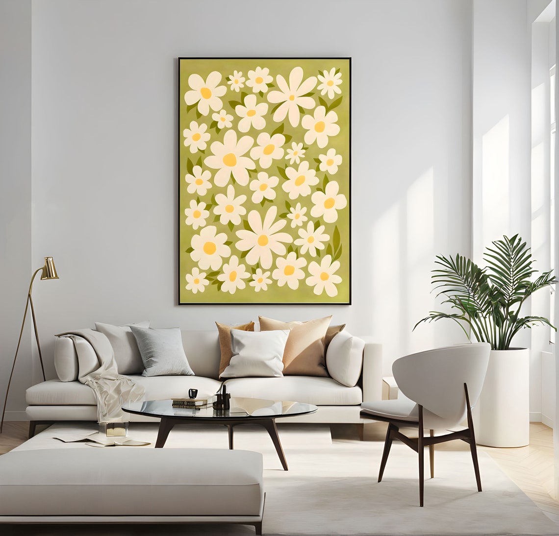 Daisy Delight White Floral Pattern Green Background Art Poster - Image 4