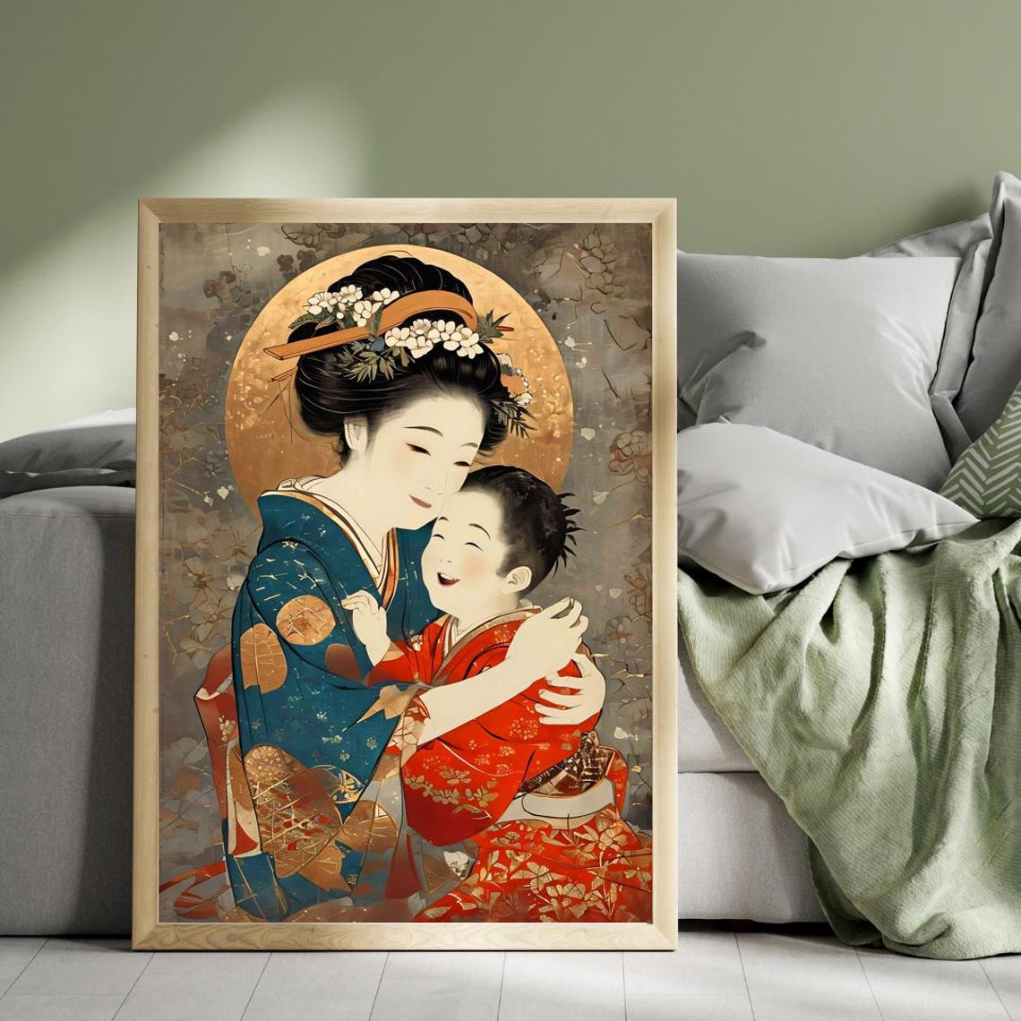 Mother And Child Japanese Kimono Traditional Art Mother Child Japanese Kimono Traditional Gold Love Family Serene Art Floral Joy - Image 4