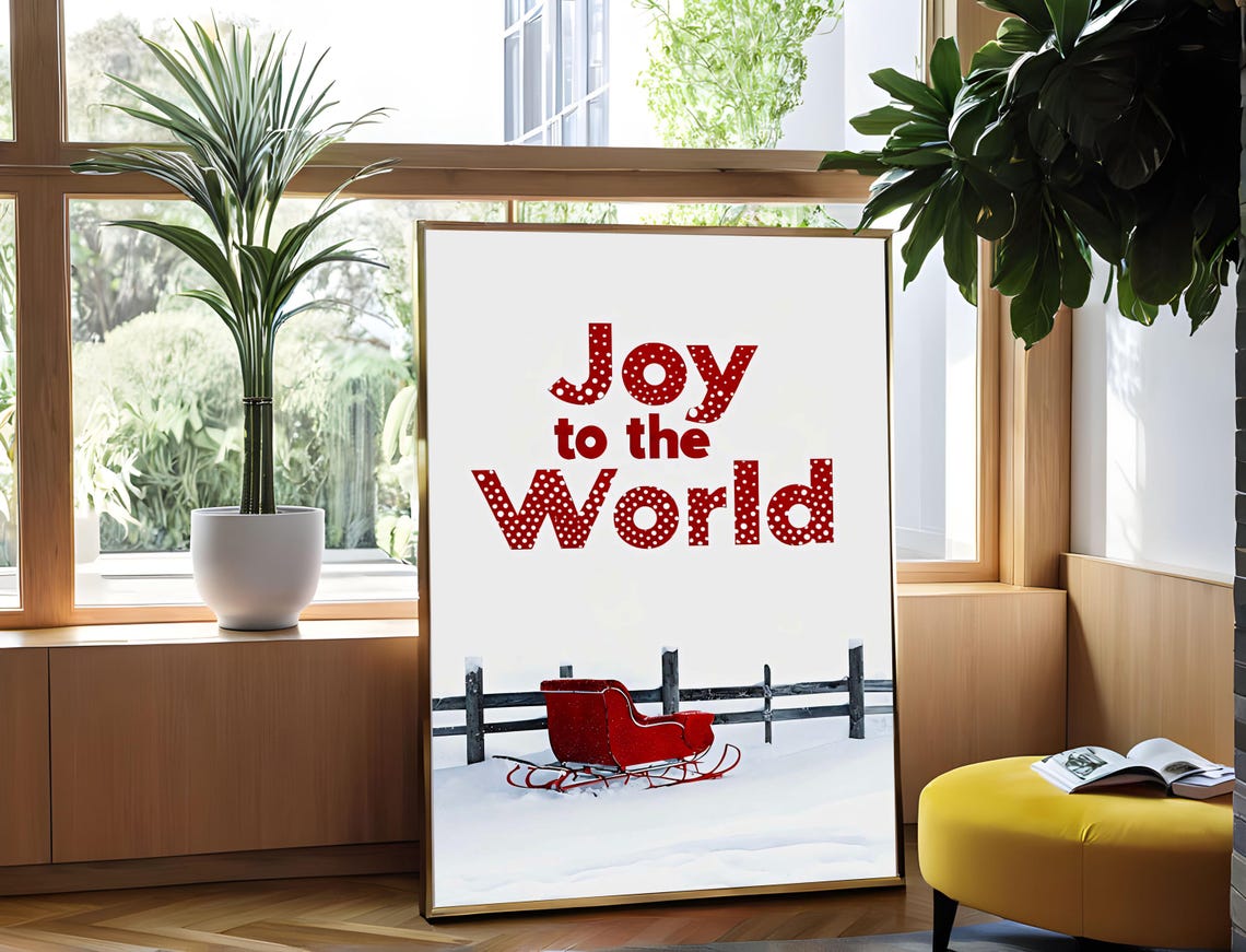 Joy To The World Red Sleigh Snow Christmas Holiday Art Poster - Image 5