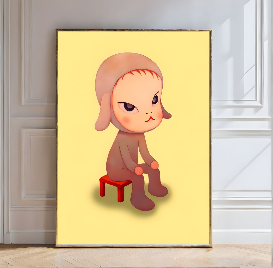 Yoshitomo Nara Whimsical Child Sitting on Red Stool Yellow Poster