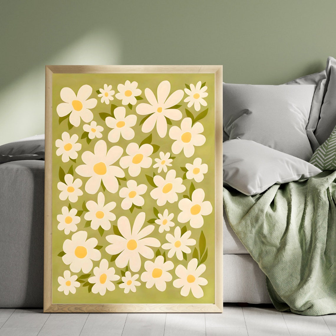 Daisy Delight White Floral Pattern Green Background Art Poster - Image 3