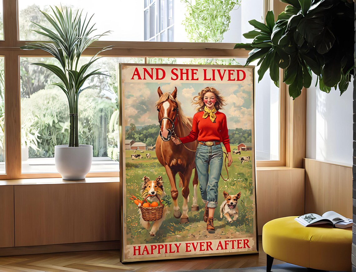 And She Lived Happily Ever After Farm Girl Horse Retro Poster - Image 4