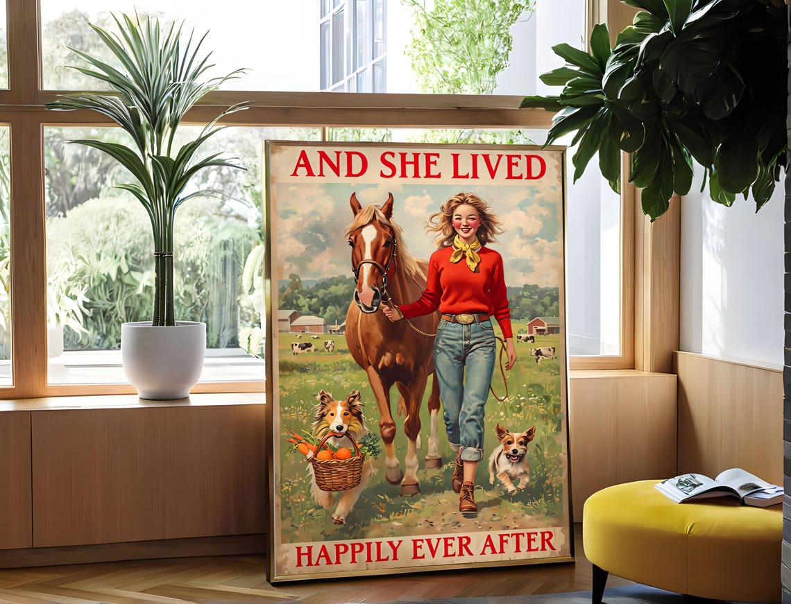 And She Lived Happily Ever After Retro Farm Life Poster Retro Poster Farm Life Country Girl Horse Lover Vintage Art Dog Lover - Image 4