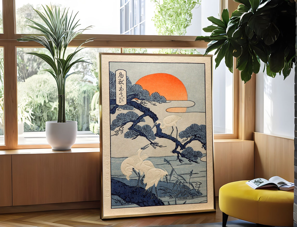 Cranes at Sunrise Vintage Japanese Art Pine Red Sun Wall Art - Image 2