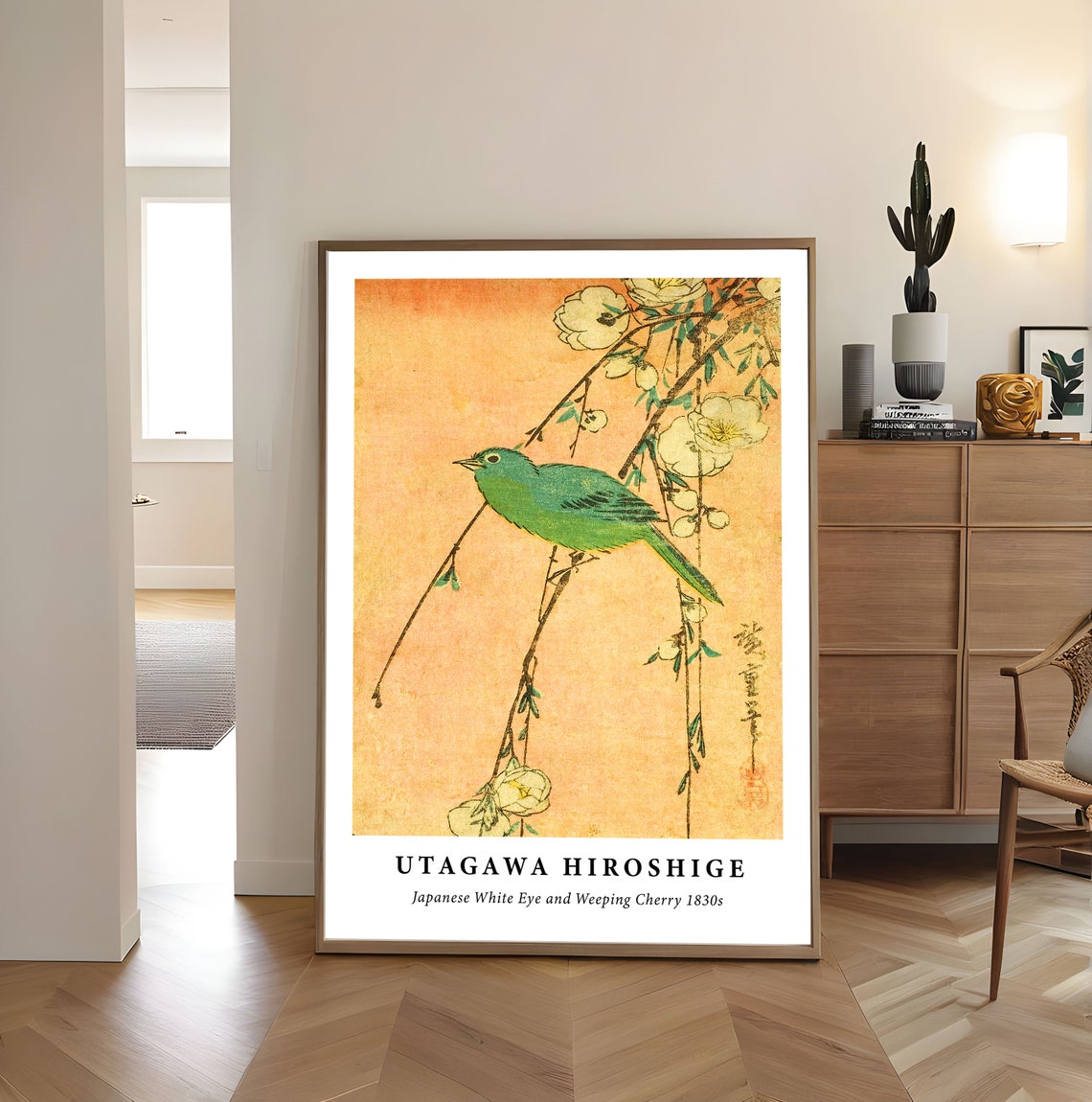 Vintage Japanese Green Bird Blossom Branch Botanical Art Poster - Image 3