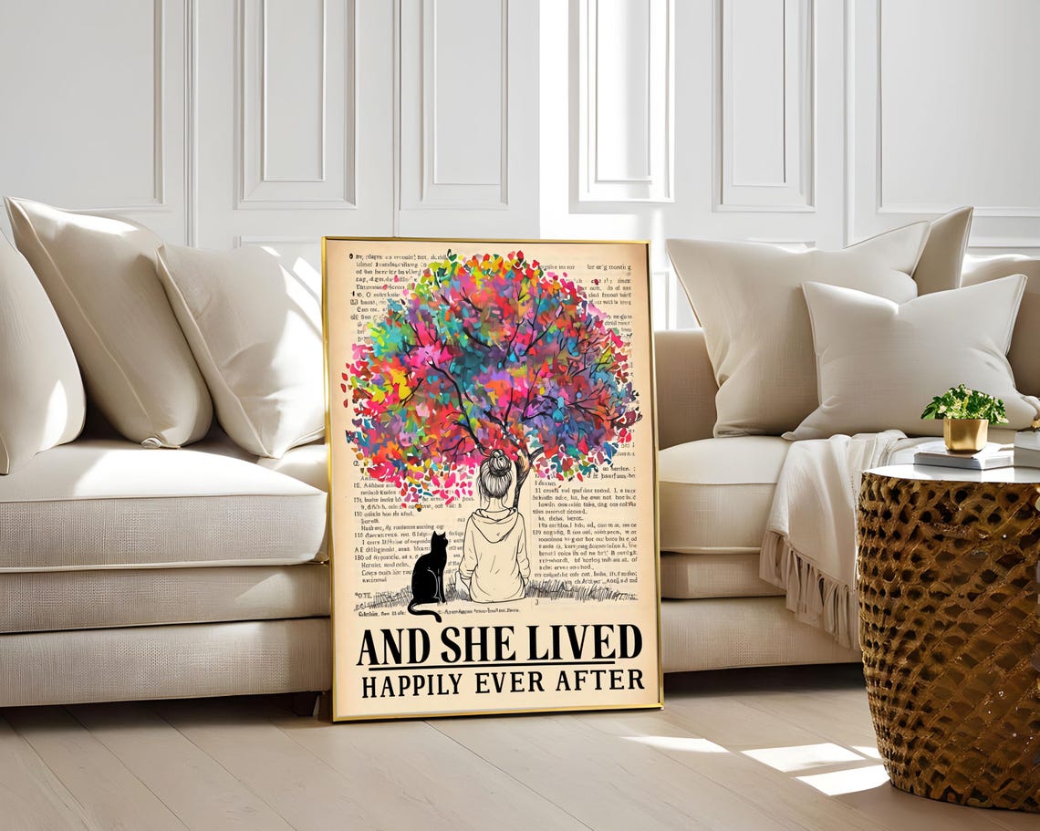 And She Lived Happily Ever After Girl Cat Rainbow Tree Poster - Image 3