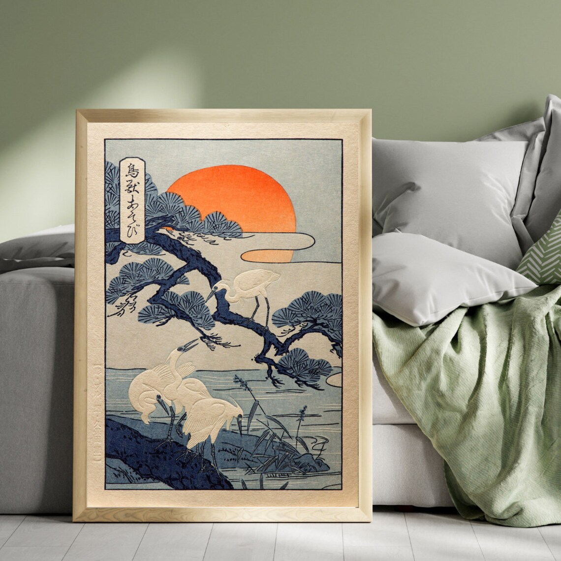 Cranes at Sunrise Vintage Japanese Art Pine Red Sun Wall Art - Image 4