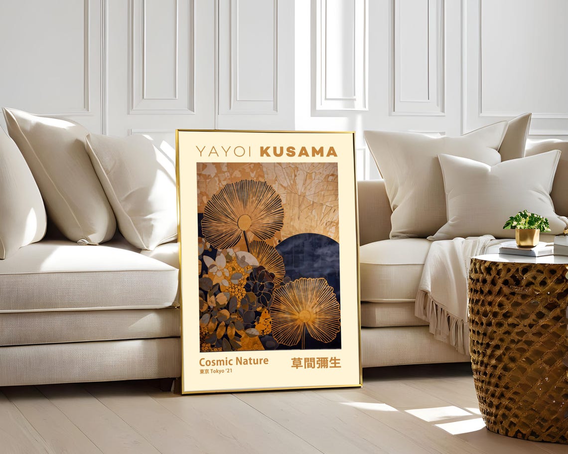 Golden Floral Fan Cosmic Botanical Navy Abstract Vintage Art Poster - Image 5