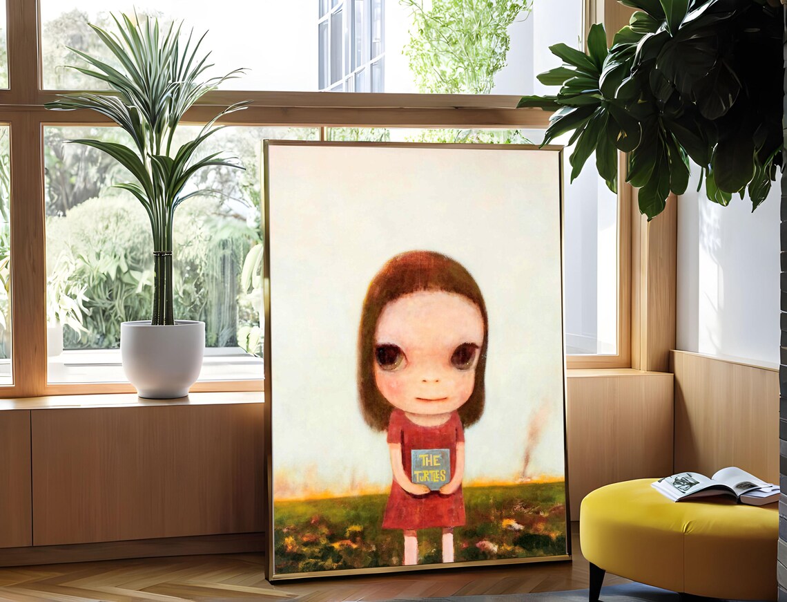 Yoshitomo Nara Red Dress Girl Holding Book in Field Sunset Wall Art - Image 3