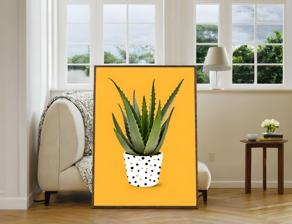 Yayoi Kusama Print Aloe Vera In Polka Dot Pot Against Bold Yellow Yayoi Kusama Aloe Vera Polka Dot Plant Yellow Bold Minimalist