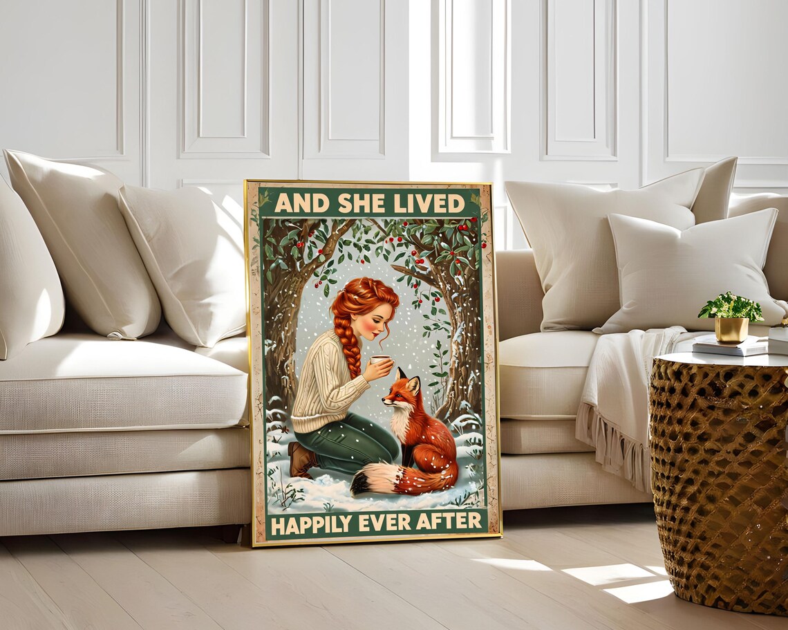 And She Lived Happily Ever After Winter Fox Girl Vintage Poster - Image 3
