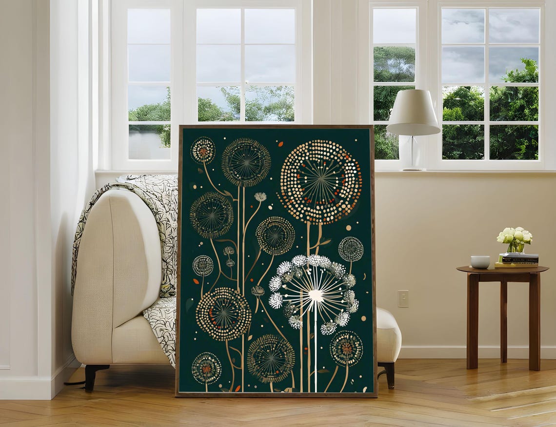 Cosmic Dandelion Fireworks Gold Dark Green Abstract Botanical Poster - Image 3