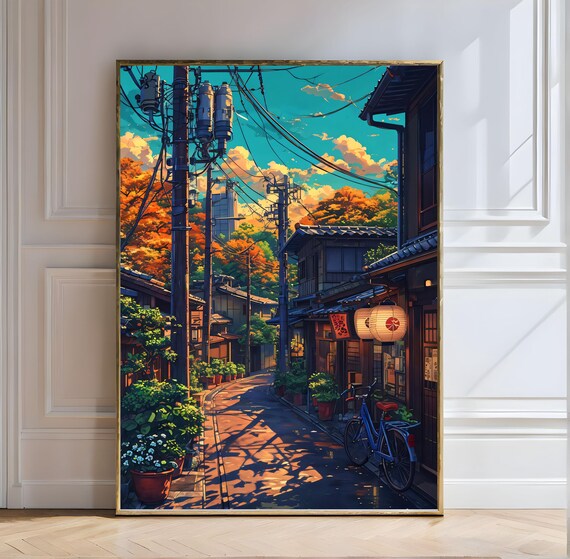 Japanese Street Ramen Shop In Golden Autumn Light Anime Art Poster