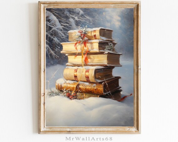Snowy Christmas Vintage Book Stack Ribbon Winter Holiday Poster
