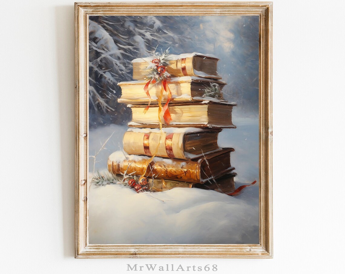 Snowy Christmas Vintage Book Stack Ribbon Winter Holiday Poster