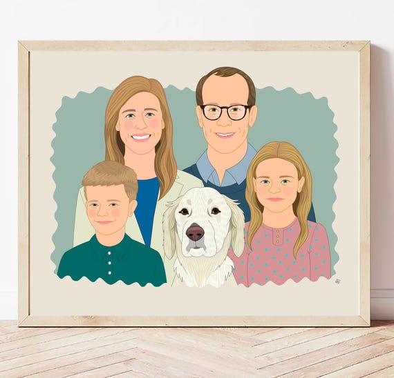 Personalized Family of Four and Dog Custom Hand Drawn Portrait Poster