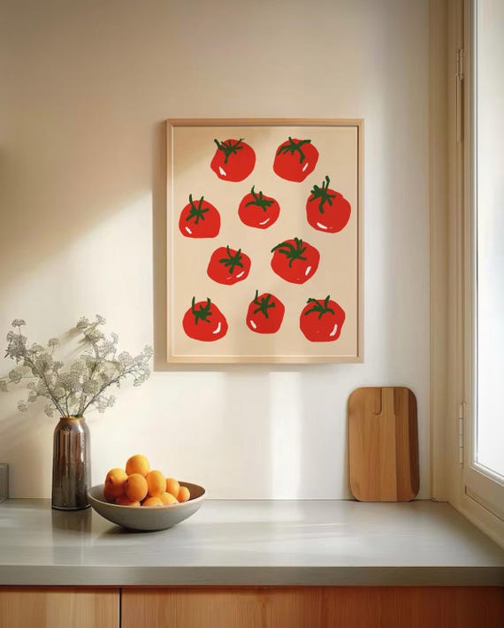 Tomato Print Retro Kitchen Wall Art Tomatoes Vintage Poster Trendy Red Food Art Dinner Room Eclectic Hand Drawn Print