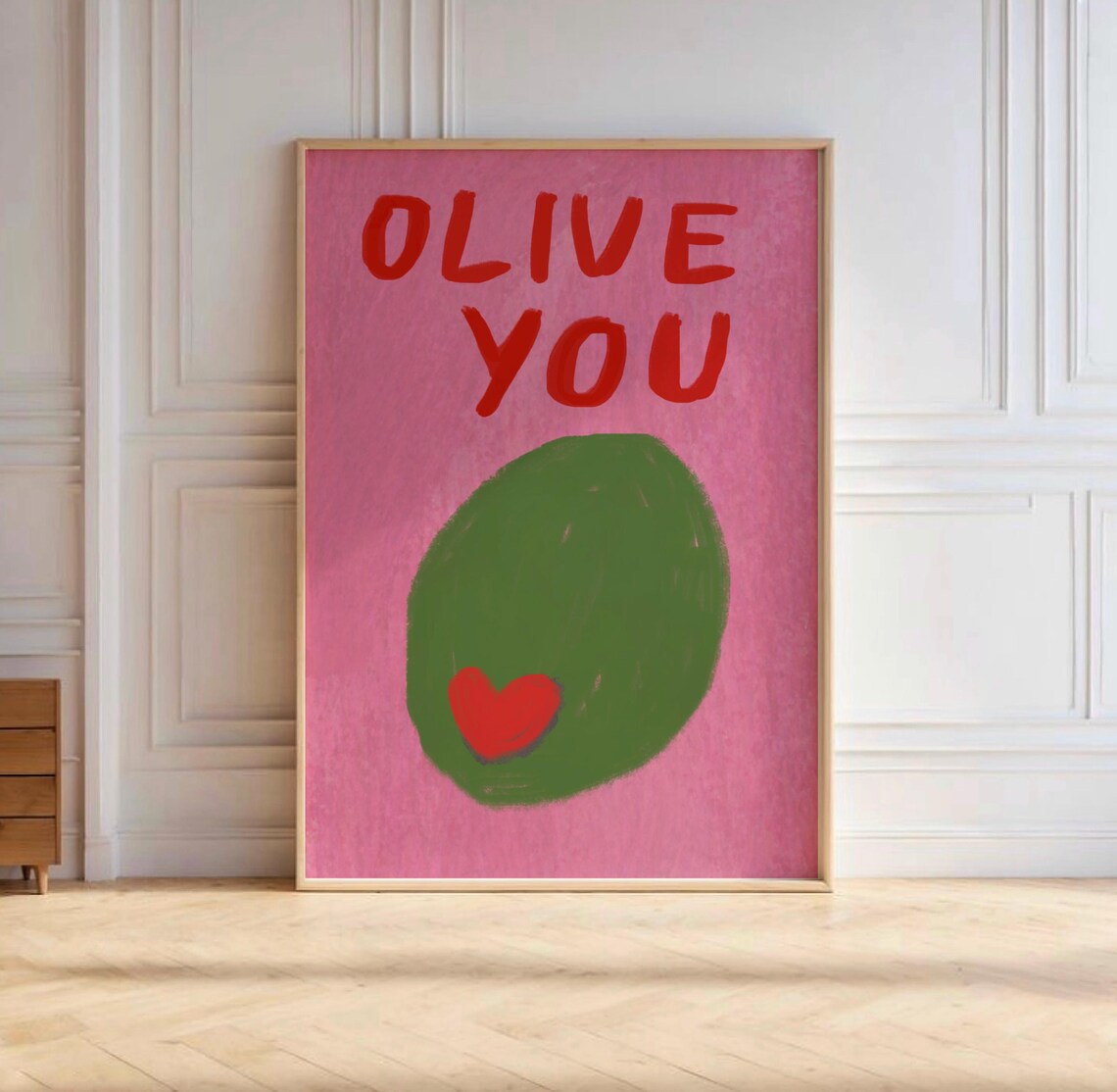 Cheerful Olive You Red Pink Olive Heart Foodie Kitchen Decor Poster - Image 2