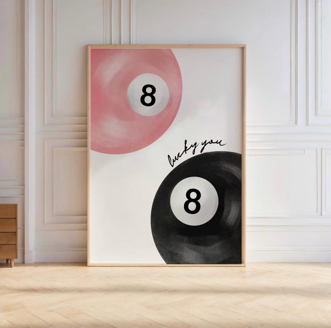 Lucky You Pink Black 8 Ball Watercolor Retro Billiard Poster