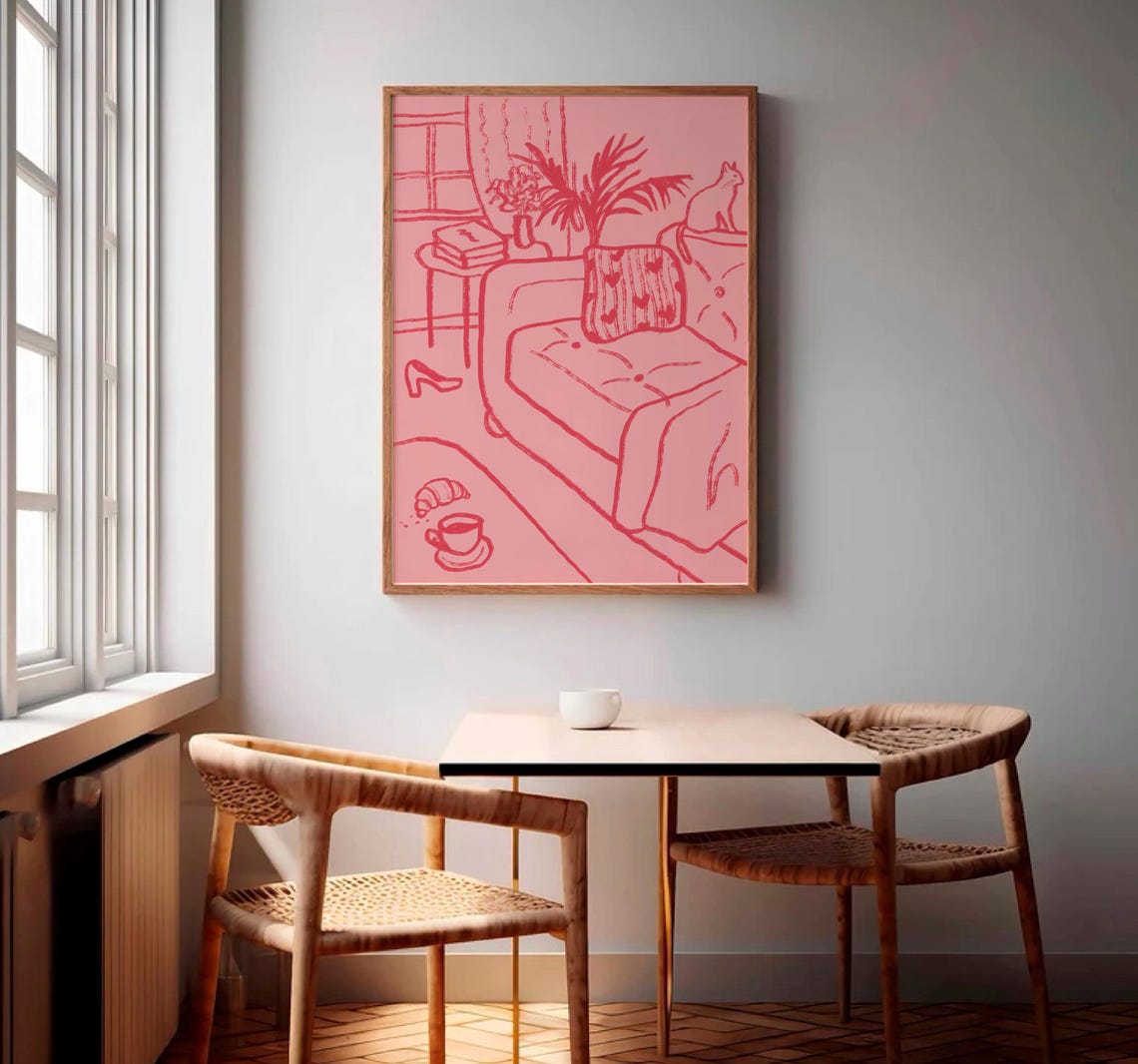 Cozy Pink Living Room Hand Drawn Sketch Sofa Cat Coffee Art Poster - Image 3