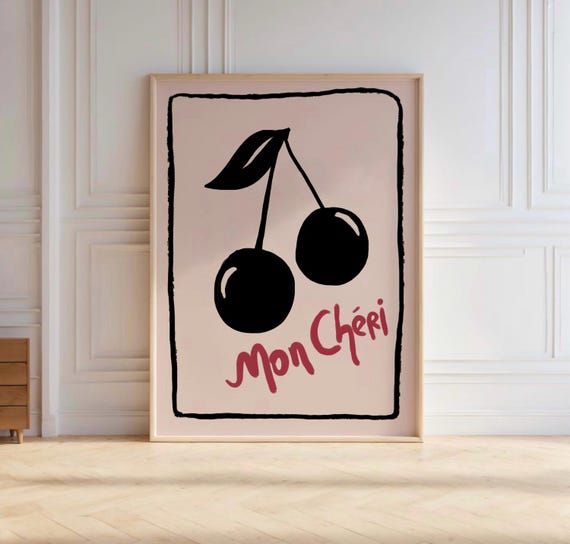 Mon Cheri Art Print Retro Cherry Wall Art French Trendy Aesthetic Poster Black 70s Print Funky Cherries Wall Art Hand Drawn