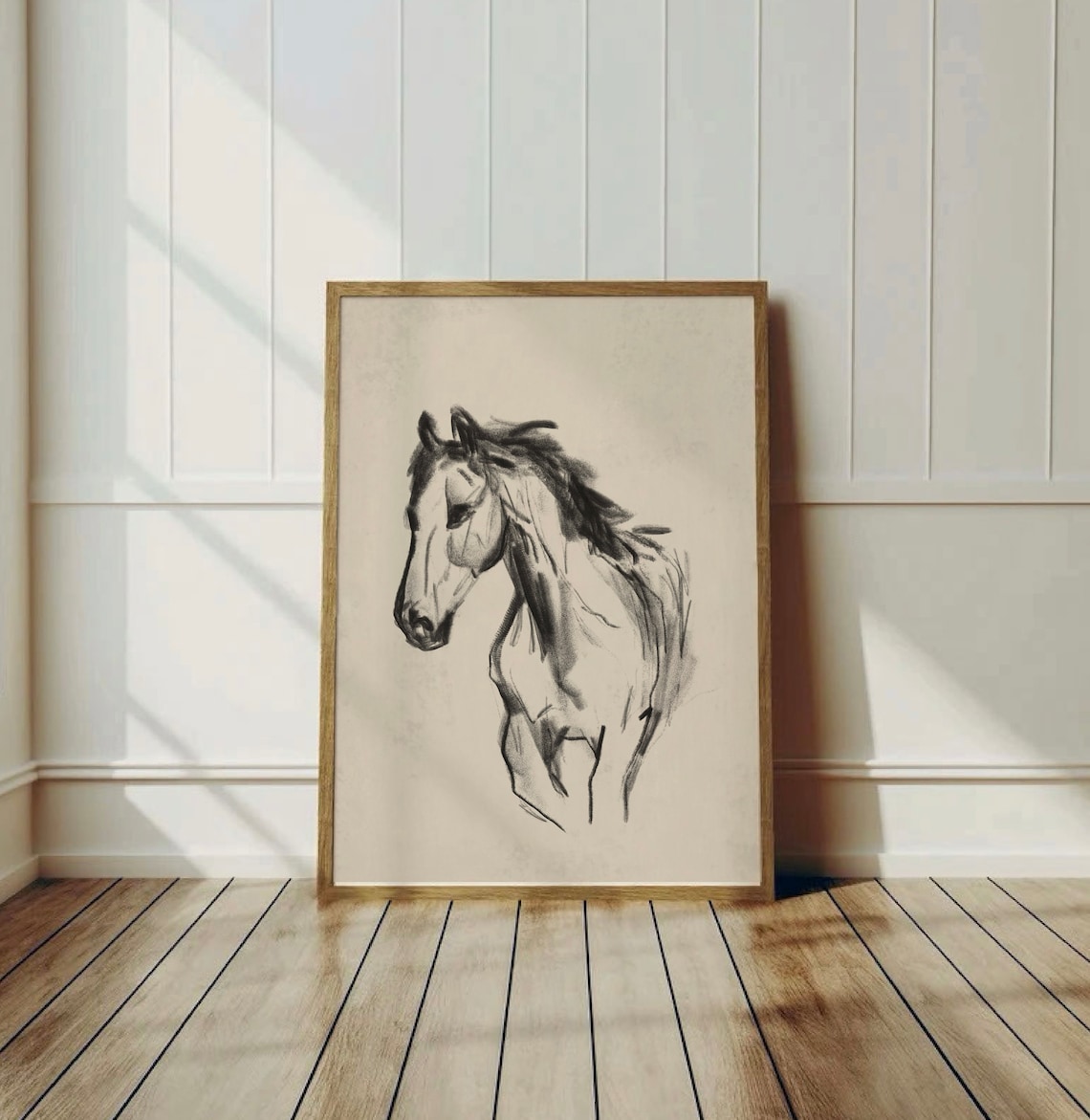 Wild Horse Head Black Ink Sketch Equestrian Art Gold Frame Poster - Image 3