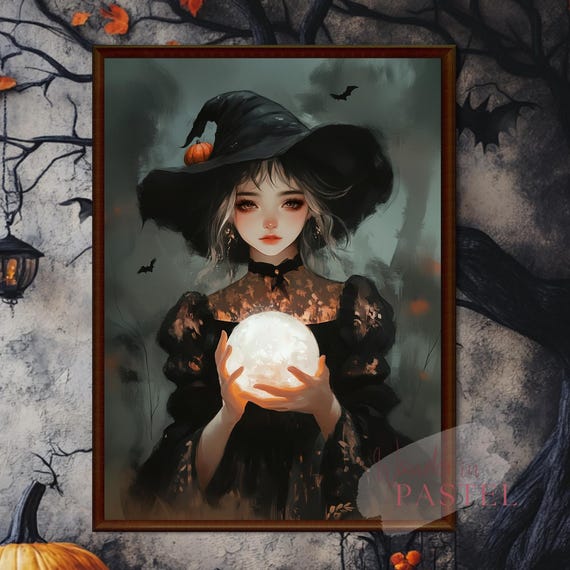 Whimsical Halloween Witch With Crystal Ball Wall Art Decor Black Orange Oil Painting Style Print
