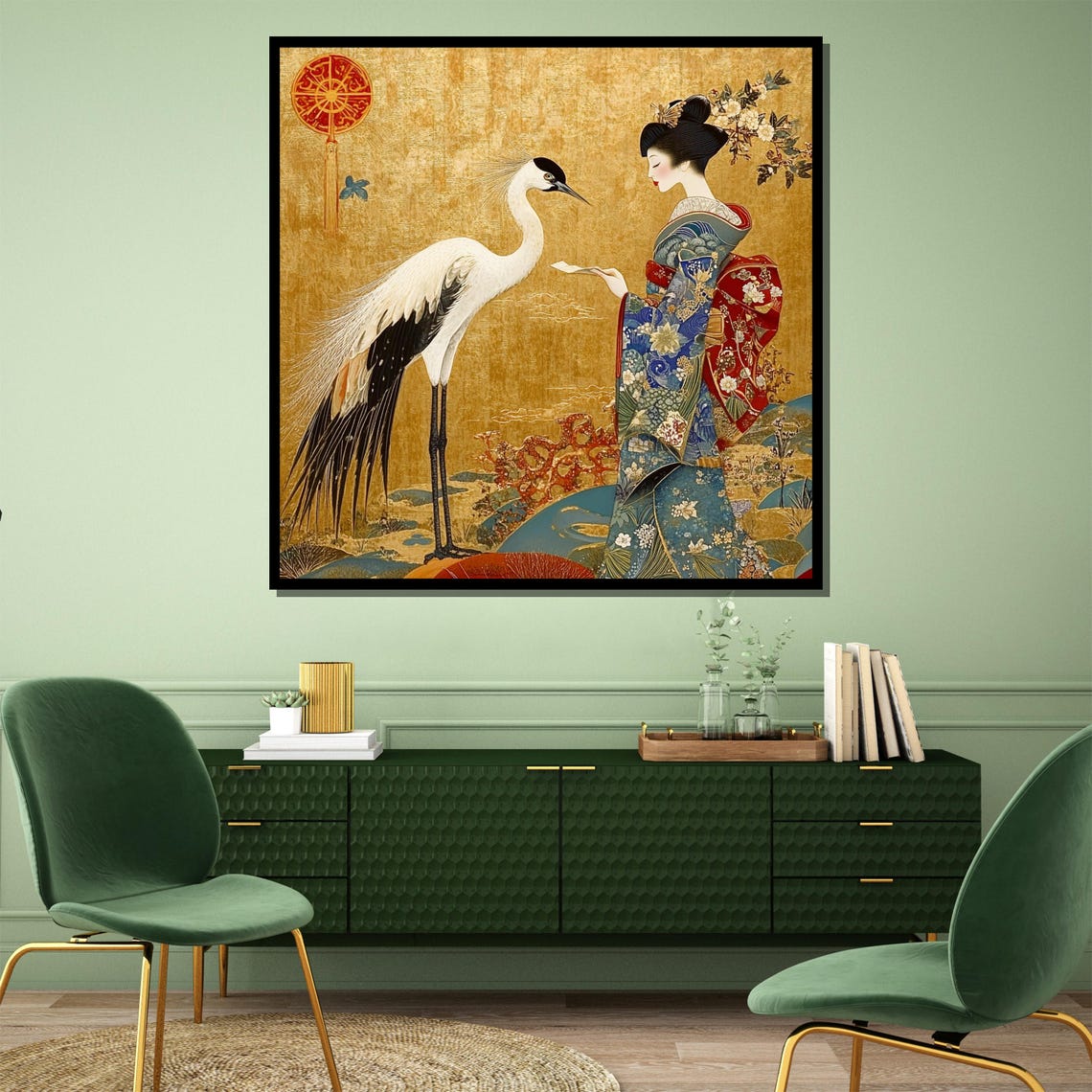 Elegant Geisha In Floral Kimono Feeding White Crane Gold Poster - Image 2