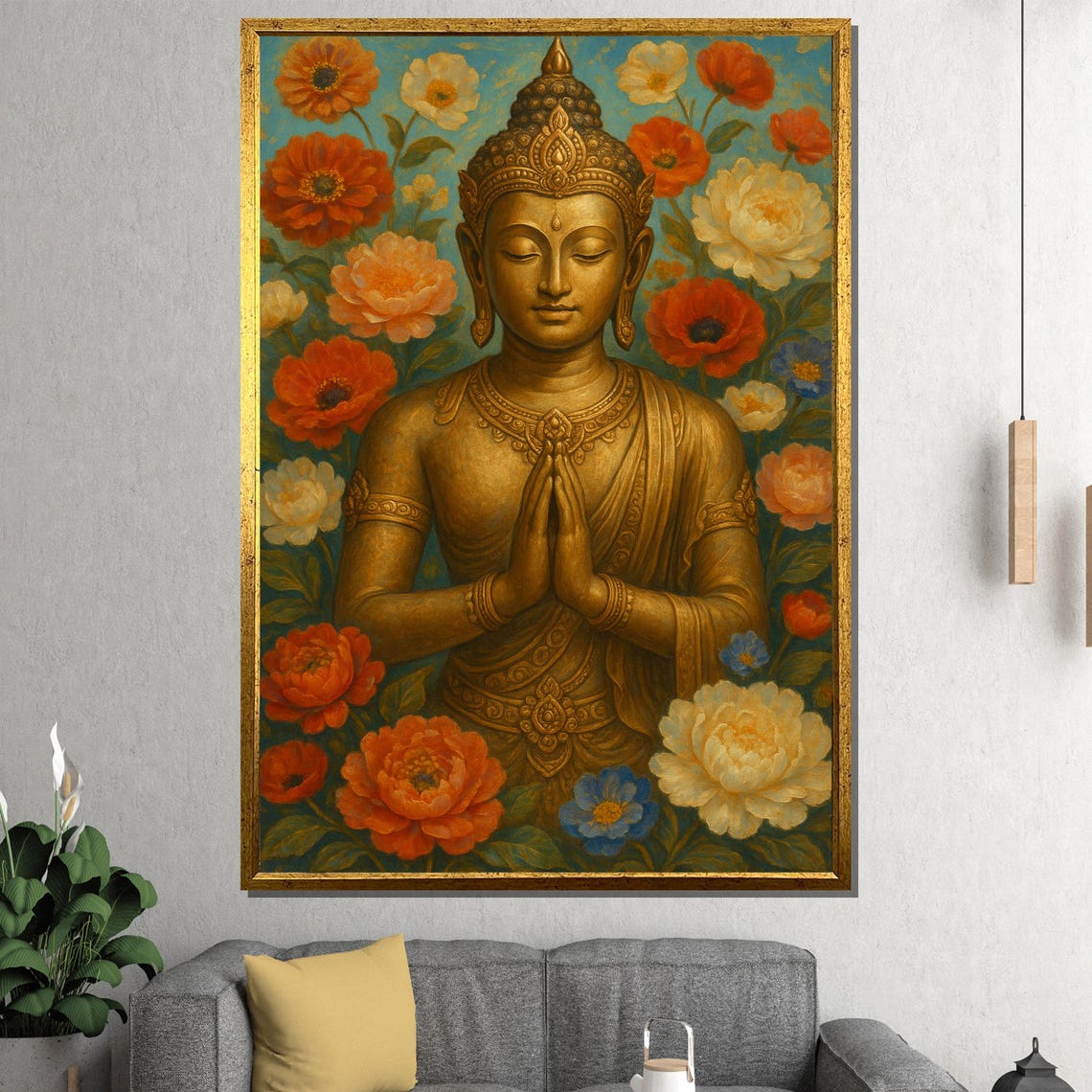 Golden Buddha Praying Statue Floral Zen Meditation Buddhist Art Poster - Image 2