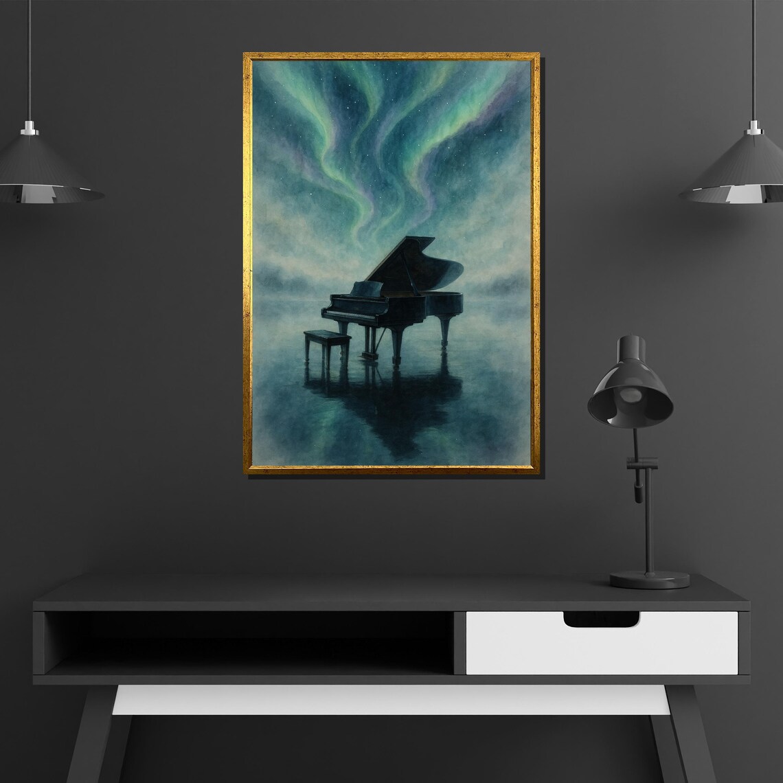 Grand Piano Standing Under Green Aurora Borealis Night Sky Dreamy Painting Poster - Image 4