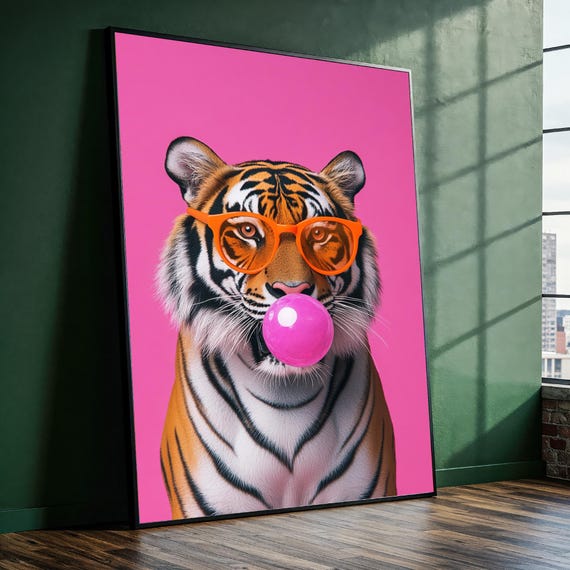 Bubblegum Tiger Canvas Painting Pop Art Animal Wall Ready To Hang Gift