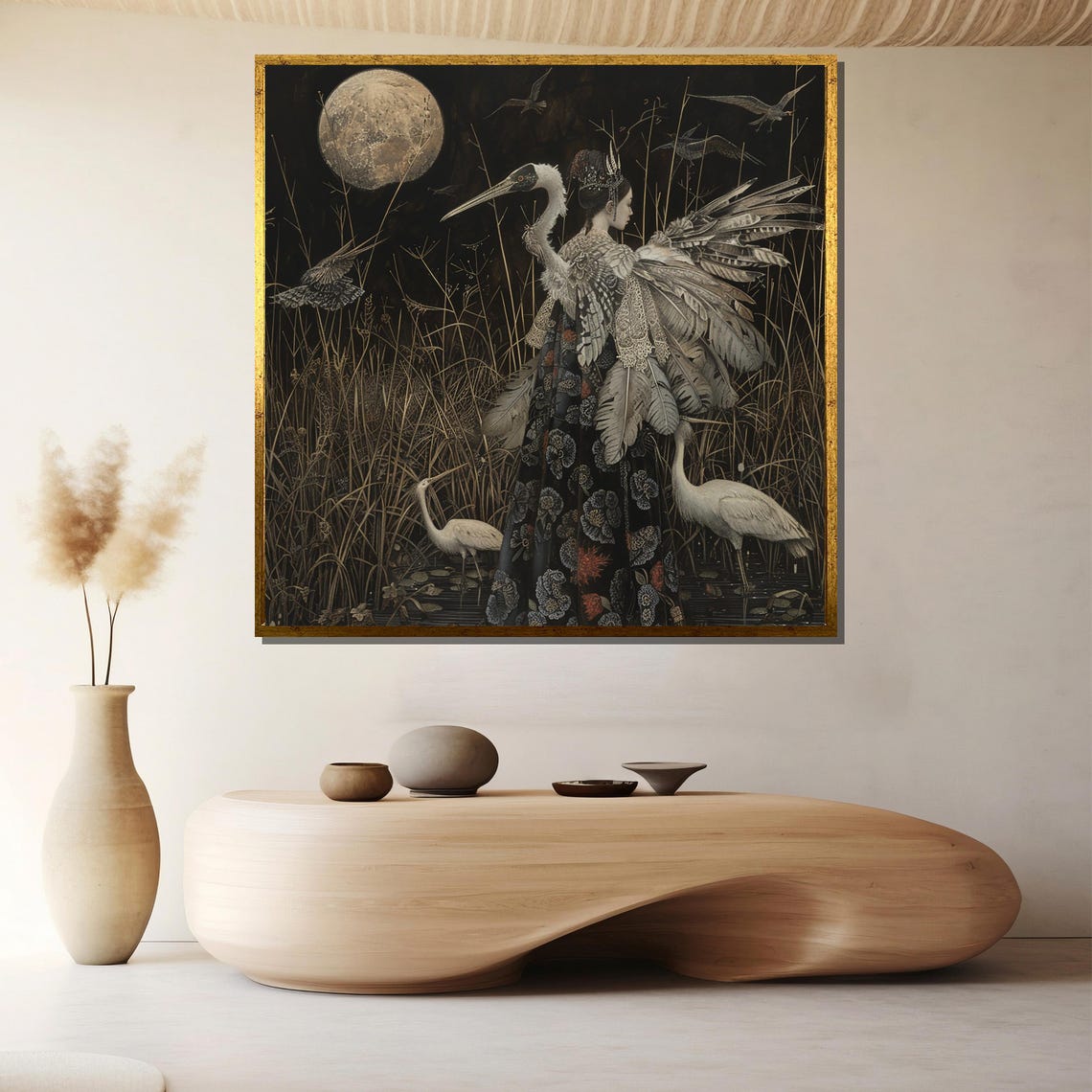 Haunting Moonlit Marsh Cranes Surreal Night Birds Dream Art Poster - Image 2