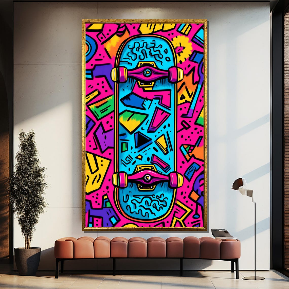 Vertical Neon Graffiti Skateboard Deck Colorful Street Art Poster