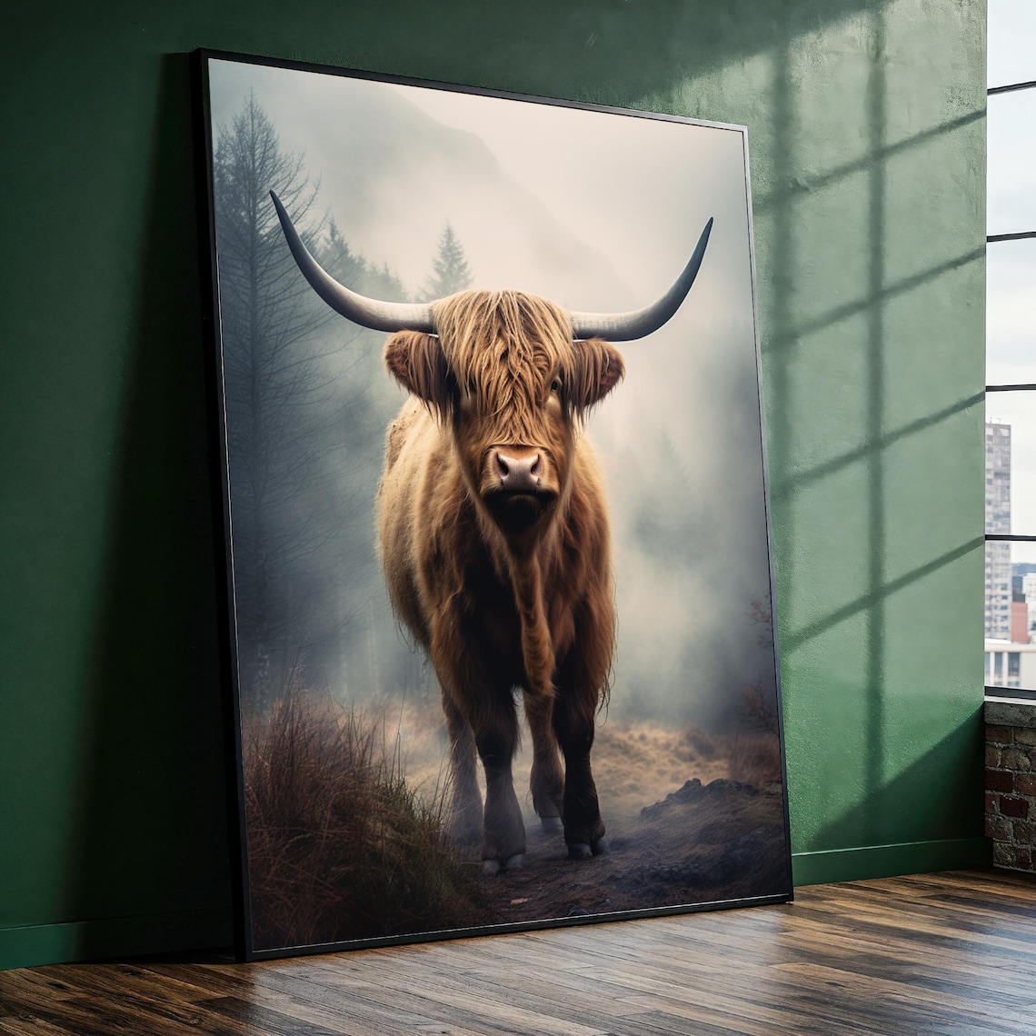 Shaggy Highland Cow Misty Morning Long Horns Rustic Farm Poster