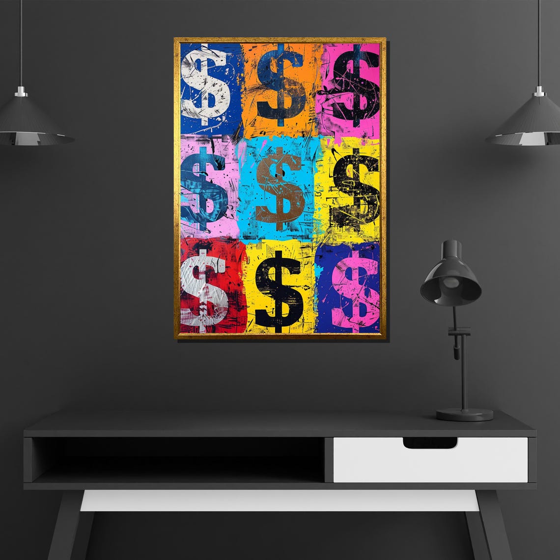 Pop Art Dollar Sign Neon Grid Bold Money Statement Wall Poster - Image 2