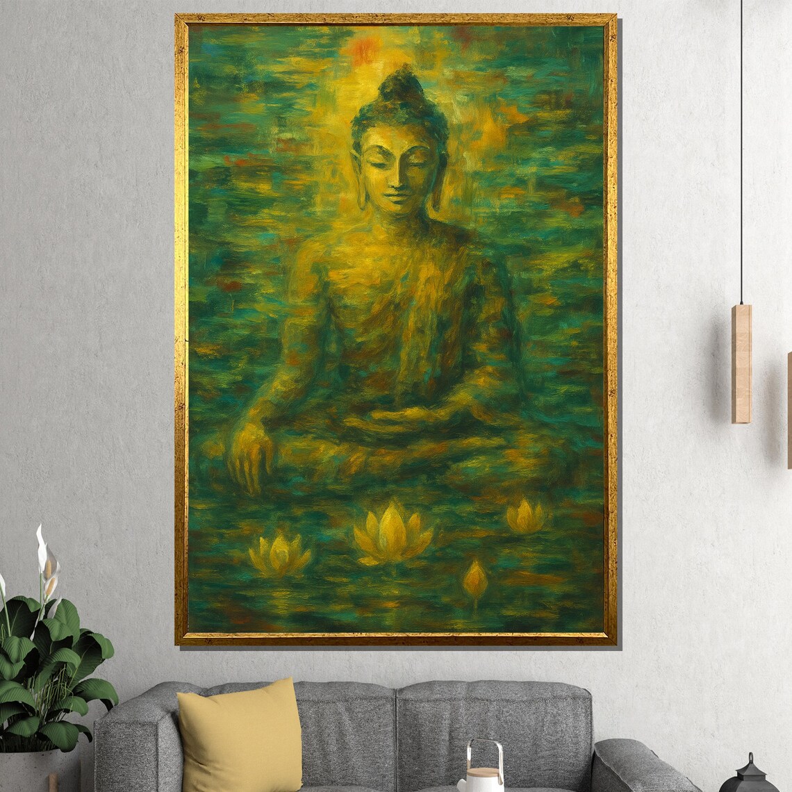Radiant Golden Buddha Lotus Pond Peaceful Zen Painting Poster - Image 2