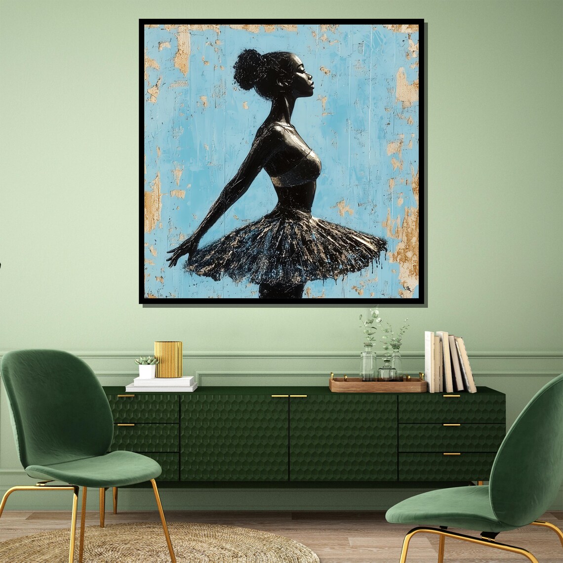 Graceful Ballerina Silhouette Against Golden Blue Background Poster - Image 2