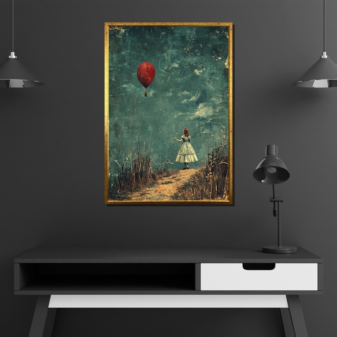 Girl With Red Balloon Vintage Dream Sky Nostalgic Art Poster - Image 2