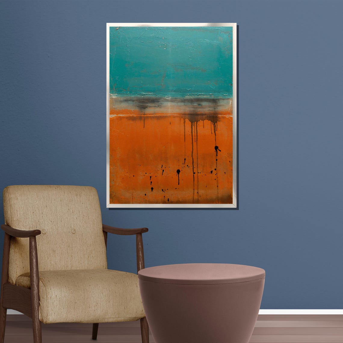 Teal and Burnt Orange Drip Abstract Color Field Modern Art Poster - Image 2
