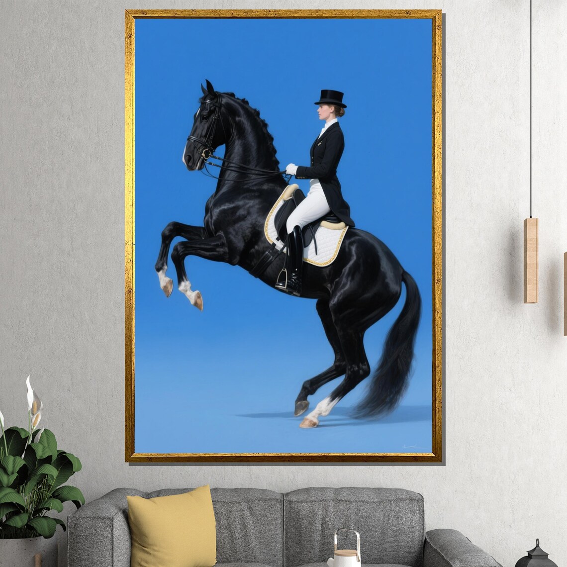 Dressage Rider on Black Horse Rearing Royal Blue Equestrian Poster - Image 4