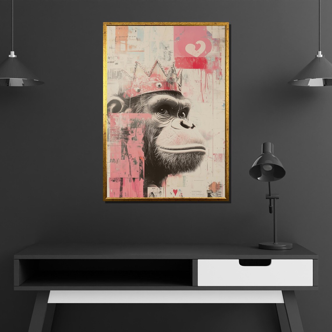 Crowned Chimp King Pink Collage Urban Street Art Portrait Poster - Image 2