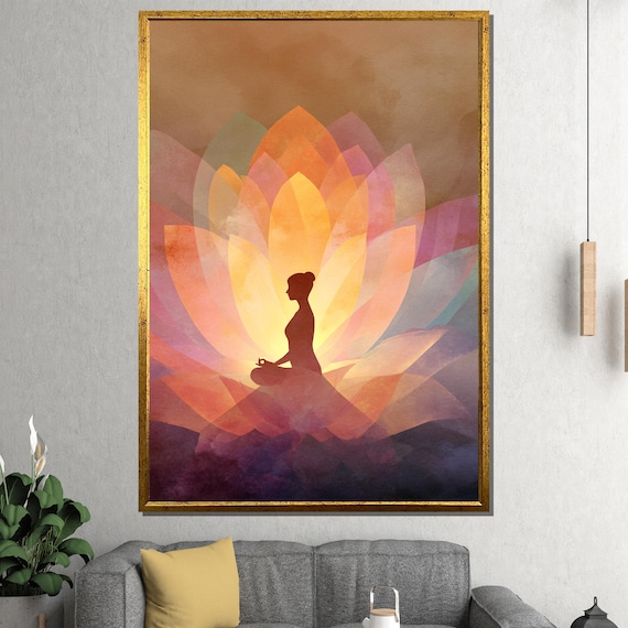 Meditating Woman Silhouette Inside Blooming Lotus Flower Warm Zen Painting Poster